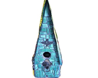 Vintage Mosaic Birdhouse - Green Glass Tiles and Stones - Tin Roof - Antique Accents - Garden Art - 15 Inch - Shattered Jade Tiles