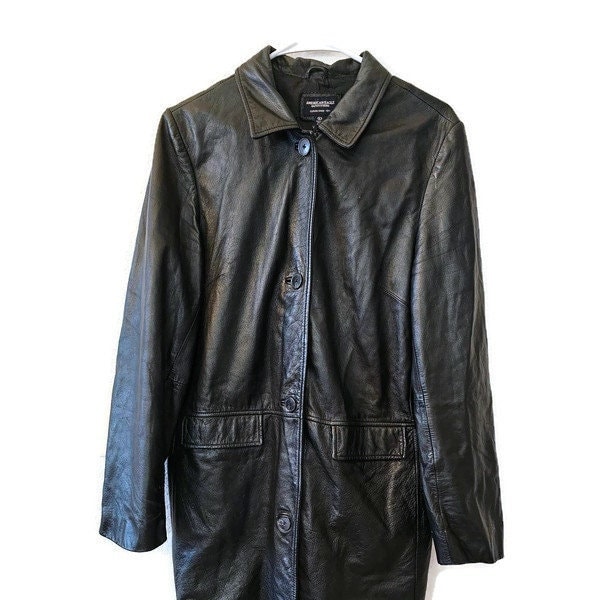 Vintage American Eagle Outfitters - Long Black Leather Coat - Buttons Up - Lined -Size Large