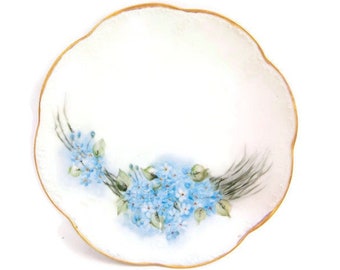 Vintage Blue Flower Plate Embossed Scrolls Heavy Gold Scalloped Edge Small Dessert Plate Hand Painted Porcelain