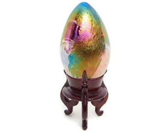 Rare Vintage Dichroic Glass Egg Paperweight: Mount St. Helens MSH 1986, Iridescent Purple Turquoise, Hand Blown, Signed and Dated