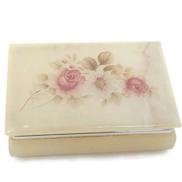 Vintage Genuine Alabaster Box Made in Italy HIMARK Giftware Hand Painted Floral Jewelry Box Hinged Lid Trinket Holder