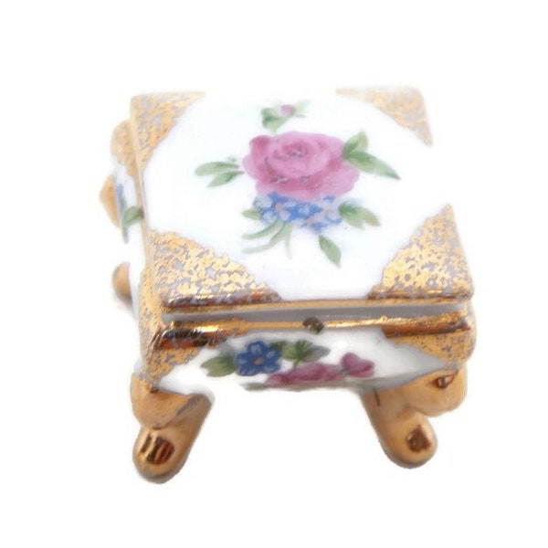 Vintage Japanese Porcelain Footed Ring Box Pink Rose Pill Case Square Trinket Holder Made in Japan 2775