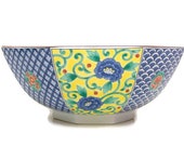 Vintage Asian Floral Bowl Octagon Shape Multi Color Pattern 8 Panels Blue and White IMARI Style Art Centerpiece 9 Inch