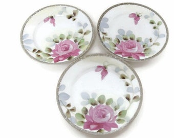 Hand Painted Moriage Pink Roses Dessert Plates - Set of 3 Antique TE-OH NIPPON China Dishes - Exquisite Raised Design for Vintage Collectors