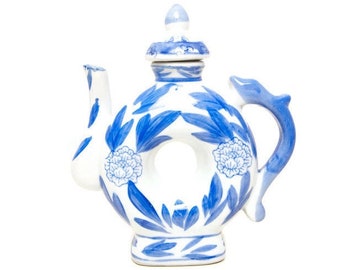 Vintage Chinoiserie Donut Teapot: Blue & White Floral Dragon Handle