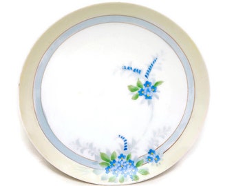 Antique Nippon Japan Luncheon Plate: 8 Inch Hand-Painted Blue Floral, Green Crown Mark - 1800s Porcelain Collectible