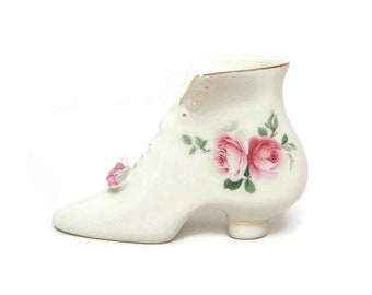 Vintage Victorian Porcelain Boot Planter with Hand-Applied Pink Roses - Hand-Painted Rose Design - Vanity Accessory Trinket Holder