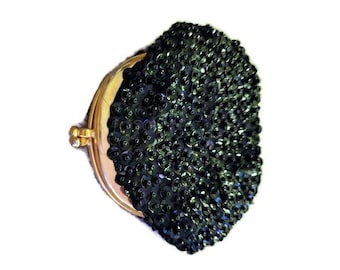 Vintage Black Beaded Sequin Coin Purse - Gold Tone Frame - Kiss Clasp - Black Silk Lined - Made in Hong Kong