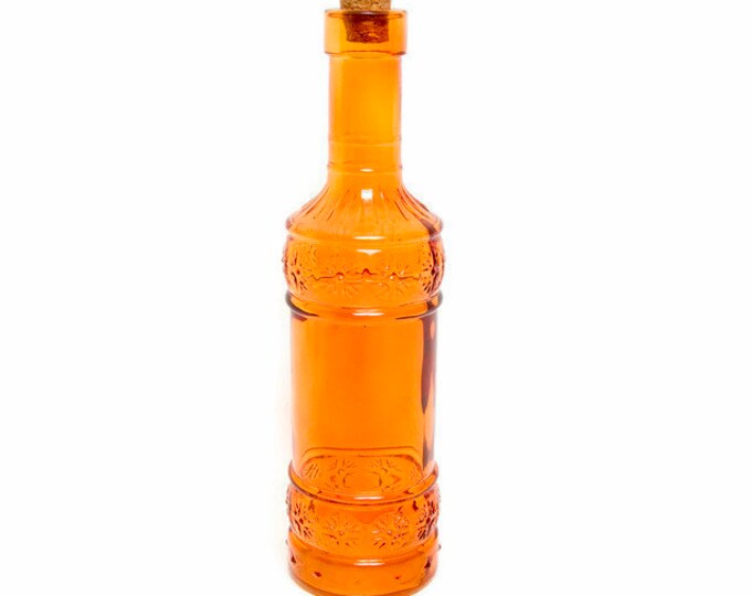 Vintage Orange Glass Bottle Cork Stopper Round Apothecary Jar Embossed Design Wine Decanter Bar