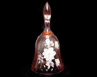 Campana vintage Fenton rosa con estampado floral: Cristal óptico de diamante, firmada por el artista.