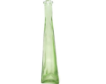 Unique Triangle Shaped Lime Green Glass Bottle - Apothecary Jar Art Glass Vase for Flowers, Bath Salts, Oils - Window Sill Display - 12 Inch