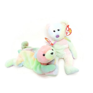 Vintage TY Beanie Babies Set: Groovy (1999) & Sammy (1998) – Tie-Dye Bears with Original Tags – Excellent Condition