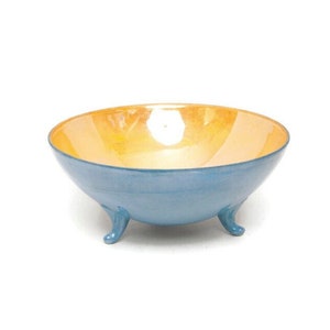 Vintage japanische Lusterware dreifüßige Süßigkeitenschale - Blaue und Pfirsichporzellanschale - 6-Inch
