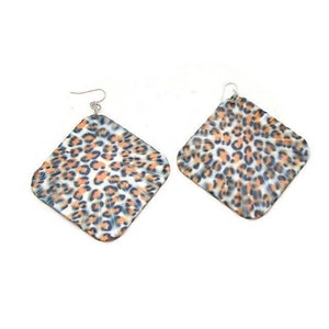 Vintage Hand-Painted Leopard Print Drop Earrings - Orange and Black - Pounded Aluminum - Pierced Dangle Jewelry