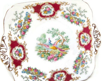 Vintage Foley China Cake Plate: Red Broadway Chelsea Bird, Gold Trim