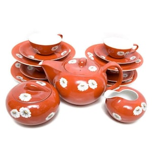 Seltenes 1908 Noritake Nippon Toki Kaisha Red Daisy Chrysanthemum 17-teiliges Teeservice – Maruki-Zeichen – Antikes japanisches Porzellan