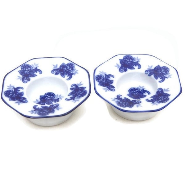 Vintage Octagon Shaped Tea Light Candle Holders Blue and White Floral Porcelain Set of 2