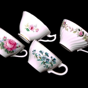 Vintage Floral Porcelain Teacup Set of 4: Hand-Painted Japan & England