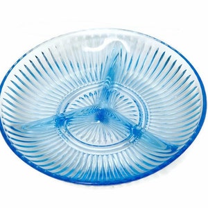 Vintage KIG Indonesia Blue Glass Relish Dish: Embossed Sunburst Tray