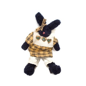 Rare Vintage Boyds Bear Anisette – Black Chenille Rabbit, 12&quot; Retired 1996, Gold Tartan Dress, Artisan Series Bunny Plush