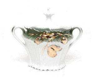 Antique German Porcelain Sugar Bowl: Hand-Painted Green & White, 22kt Gold Accents