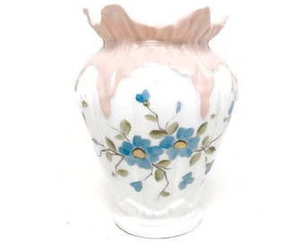 Vintage Bas Relief Draping Porcelain Ribbed Vase 8 Inch Hand Painted Blue Flowers Pink Ruffled Edge