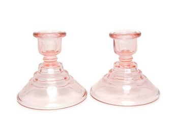 Vintage Pink Glass Candlestick Holders Wide Domed Base Tiered Design Set of 2 Blush Candle Holders