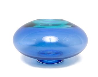 Vintage INCALMO Blown Glass Vase - Two Tone Orb - 9 Inch Cobalt and Teal - Rotund Form - Spherical Italian Art Glass