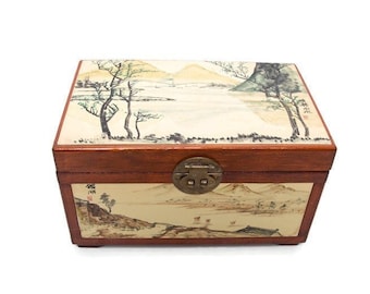Vintage Chinese Rosewood Jewelry Box Hand Painted Asian Scene Peoples Republic of China 9 Inch