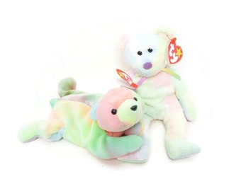 Conjunto vintage de TY Beanie Babies: Groovy (1999) y Sammy (1998) - Osos teñidos con la técnica tie-dye con etiquetas originales.