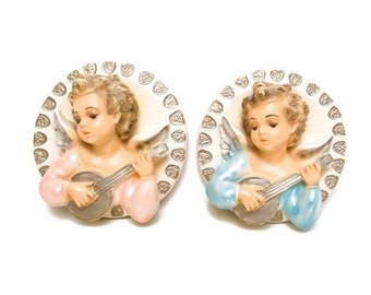 Vintage ChalkWare Cherub Wall Plaques Angel Cupid Busts Plaster Wall Statues Hand Painted Pacini Novelty