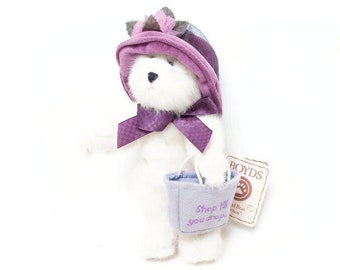 Boyds Bears Ineeda Bargain - Style 903062 - Shop Till You Drop Tote - Plush White Bear - Plum Hat and Bow - 9 Inch