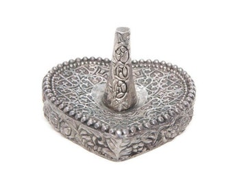 Vintage Heart Shaped Ring Holder Embossed Floral Silver Plated Jewelry Dish