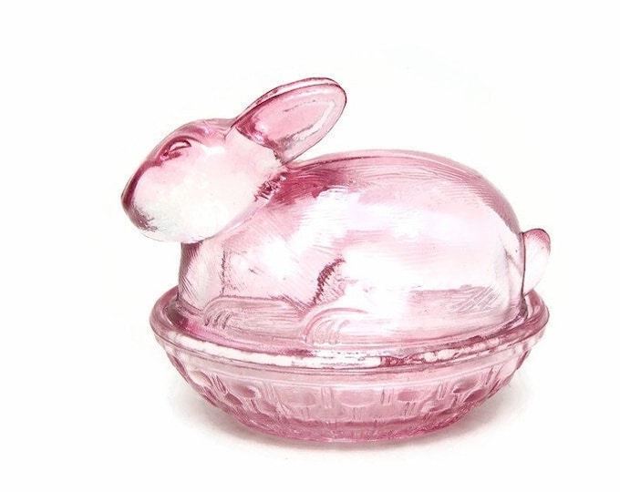 Vintage Pink Glass Bunny Candy Dish Rabbit on Nest Treat Jar Bunny ...