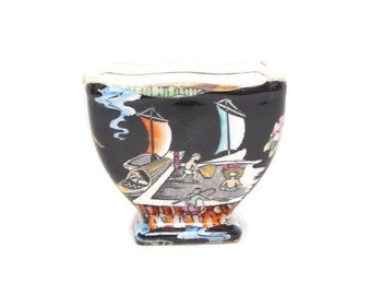 Vintage Royal Winton ORIENT Pekin Black Open Sugar Bowl Grimwades Chintz Hand Painted Fishing Village