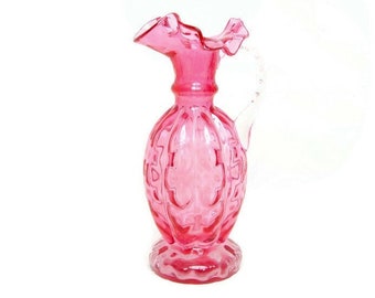 Vintage Fenton Cranberry Glass Diamond Optic Melon Ribbed Pitcher - Ruffled Spout - Hand Applied Clear Spiral Handle -  Hand Blown - 8 Inch