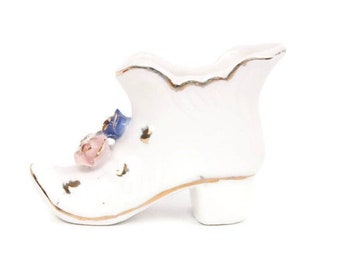 Vintage Porcelain Shoe Planter - Hand Painted Miniature High Heel Boot with Applied Roses - Charming Raised Porcelain Planter