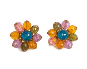 Vintage Multi Color Beaded Earrings Clip On Polished Stones Flower Shape Faceted Cluster Beads