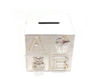Vintage ABC Block Coin Bank - Silver Plated Baby Bank with Letter Animal Design - Nursery Decor and Alphabet Block - Perfect Newborn Gift