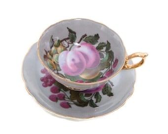 Vintage Royal Sealy Teacup and Saucer Fruit Motif Purple and Gray Hand Painted Made in Japan