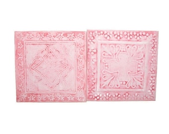 Vintage Pink Tin Ceiling Tiles: Hosley Repoussé Floral Wall Art, Set of 2 - 12 Inch