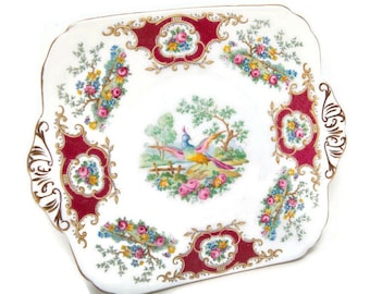 Vintage Foley Red Broadway Square Cake Plate Chelsea Bird Made in England Bone China 9 Inch