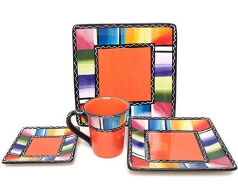 Certified International SERAPE RED Square Dinner Plate Canape Luncheon Mug Multi Color Pottery Nancy Green 4 Pieces