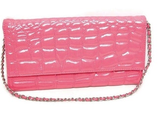 Vintage KRISTINE Hot Pink gesteppte Vinyl Handtasche Clutch Silber Kette Riemen Retro Geldbörse Magnetverschluss