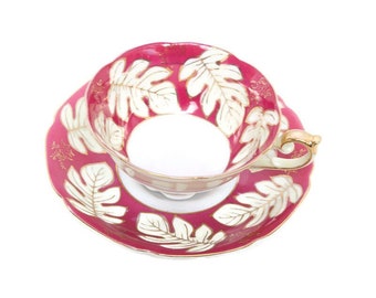 Vintage Ucagco China Teacup and Saucer Hand Painted Fern Pattern Maroon and Gold Made in Japan