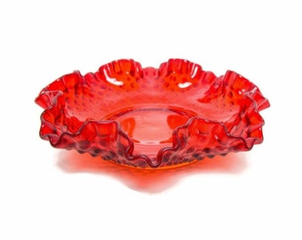 Ciotola in vetro vintage Fenton Ruby Red Hobnail: piatto per caramelle a doppia piega, ciotola per spose, piatto Bon Bon - 8 pollici