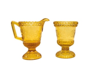Vintage Amber Glass Sugar and Creamer Set – Embossed Daisy Pressed Glass Gold Glassware