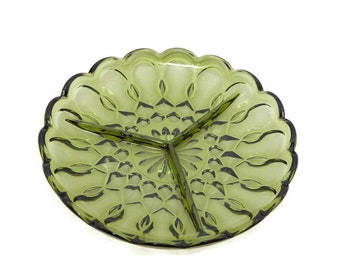 vintage Anchor Hocking Plateau à relish 3 parties en verre vert avocat Fairfield, 3 parties, 23 cm