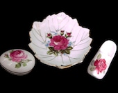 Vintage LIMOGES France Trinket Box JAPAN Leaf Dish SANFORD England Dutch Shoe Gold Trim Ring Dish Lot of 3 Pink Roses White Porcelain