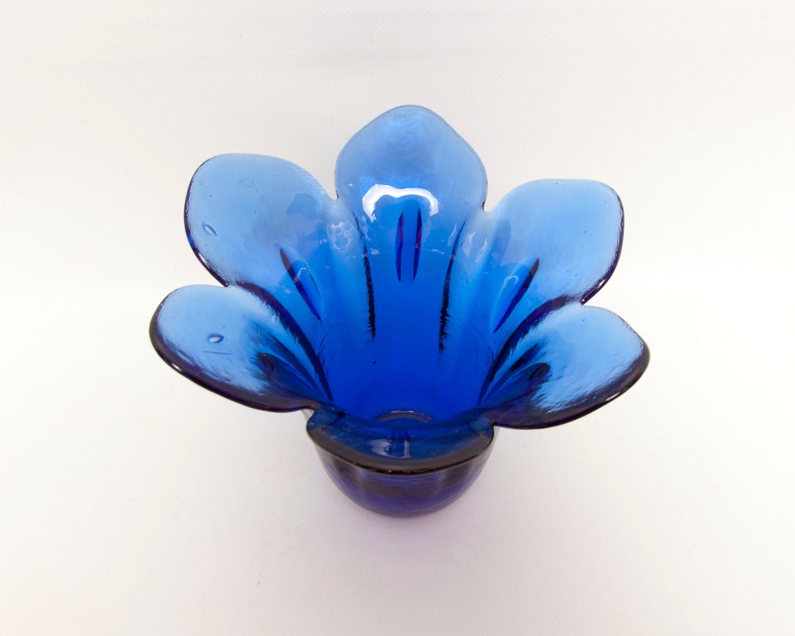 Vintage Cobalt Blue Glass Candle Holder Flower Shaped Votive Etsy
